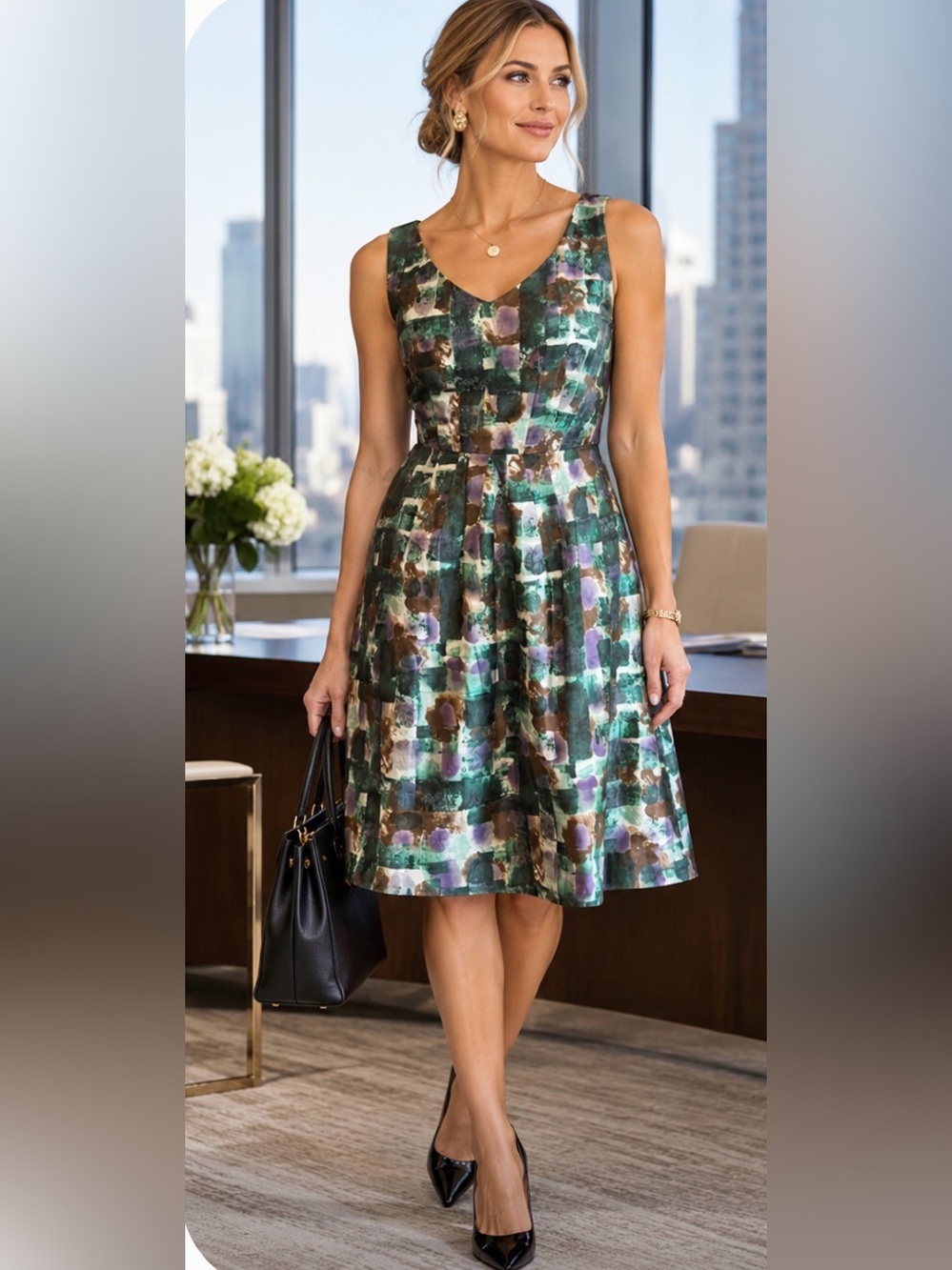 LAVIA 18 Piazza Sempione Abstract Modern Cotton A-Line V-Neck Dress Sz 6 IT 42
